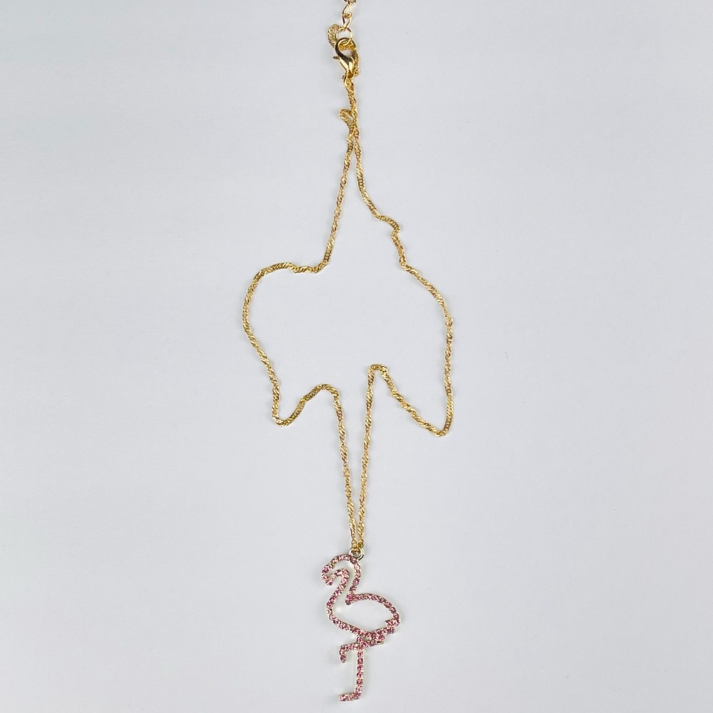 🔴🔴 NEW Pink Flamingo Rhinestone Necklace Chain Necklace Pink - Picture 9 of 13